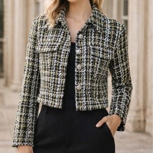 Elan Tweed Blazer Jacket Black White Gold Women S Cropped Sparkle Chic